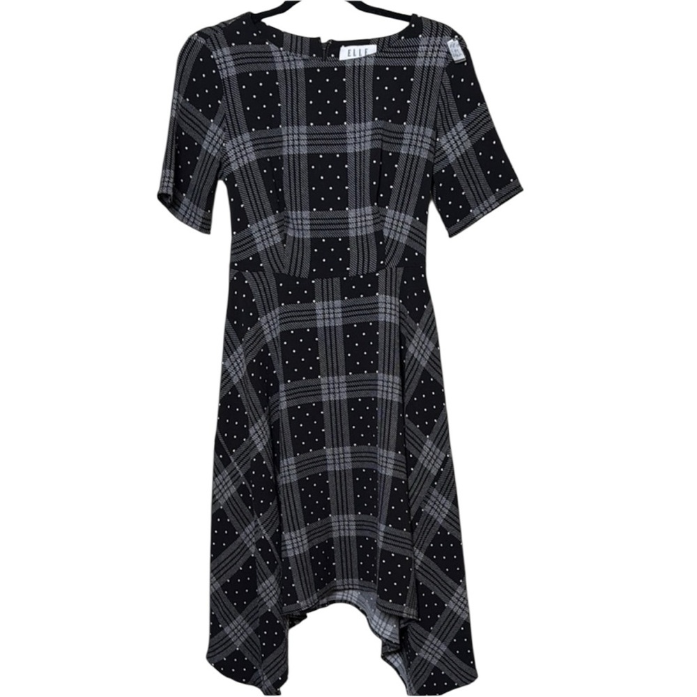 ELLE Small MIDI Handkerchief Dress Black White Print Short Sleeves